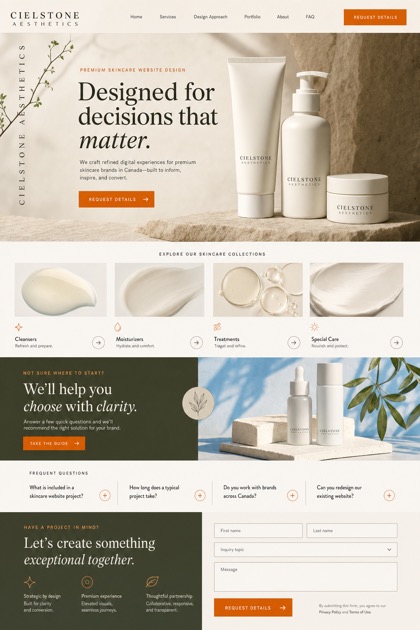 Fictional Cielstone Aesthetics Premium skincare brand website design showcase in a 2:3 layout with service sections, FAQ, and inquiry action
