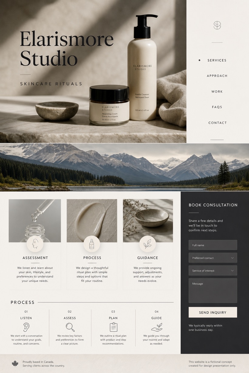 Beauty & Wellness website design for Canada, showing a clear opening, service information, supporting content, and a focused inquiry action.
