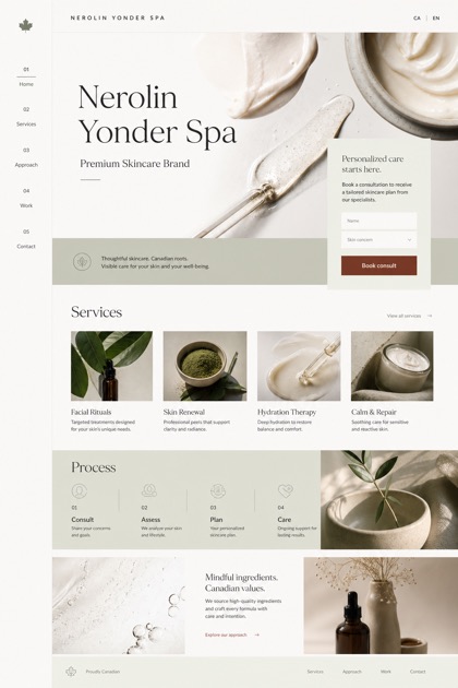 Beauty & Wellness website design for Canada, showing a clear opening, service information, supporting content, and a focused inquiry action.
