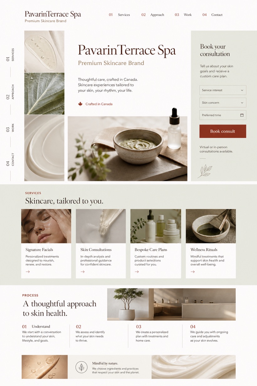 Beauty & Wellness website design for Canada, showing a clear opening, service information, supporting content, and a focused inquiry action.