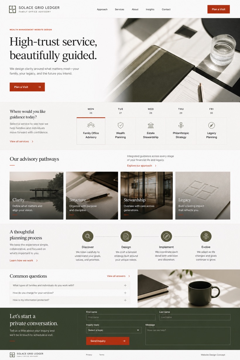 Fictional Solace Grid Ledger Wealth management and family office website design showcase in a 2:3 layout with service sections, FAQ, and inquiry action