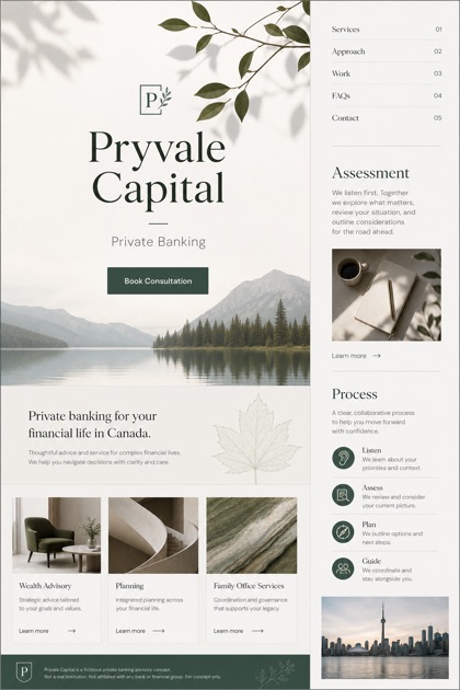 Finance website design for Canada, showing a clear opening, service information, supporting content, and a focused inquiry action.
