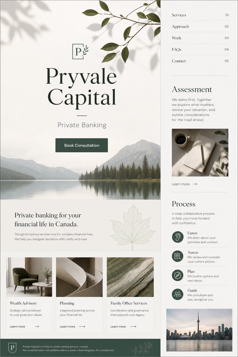 Finance website design for Canada, showing a clear opening, service information, supporting content, and a focused inquiry action.
