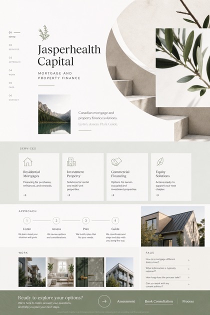 Finance website design for Canada, showing a clear opening, service information, supporting content, and a focused inquiry action.
