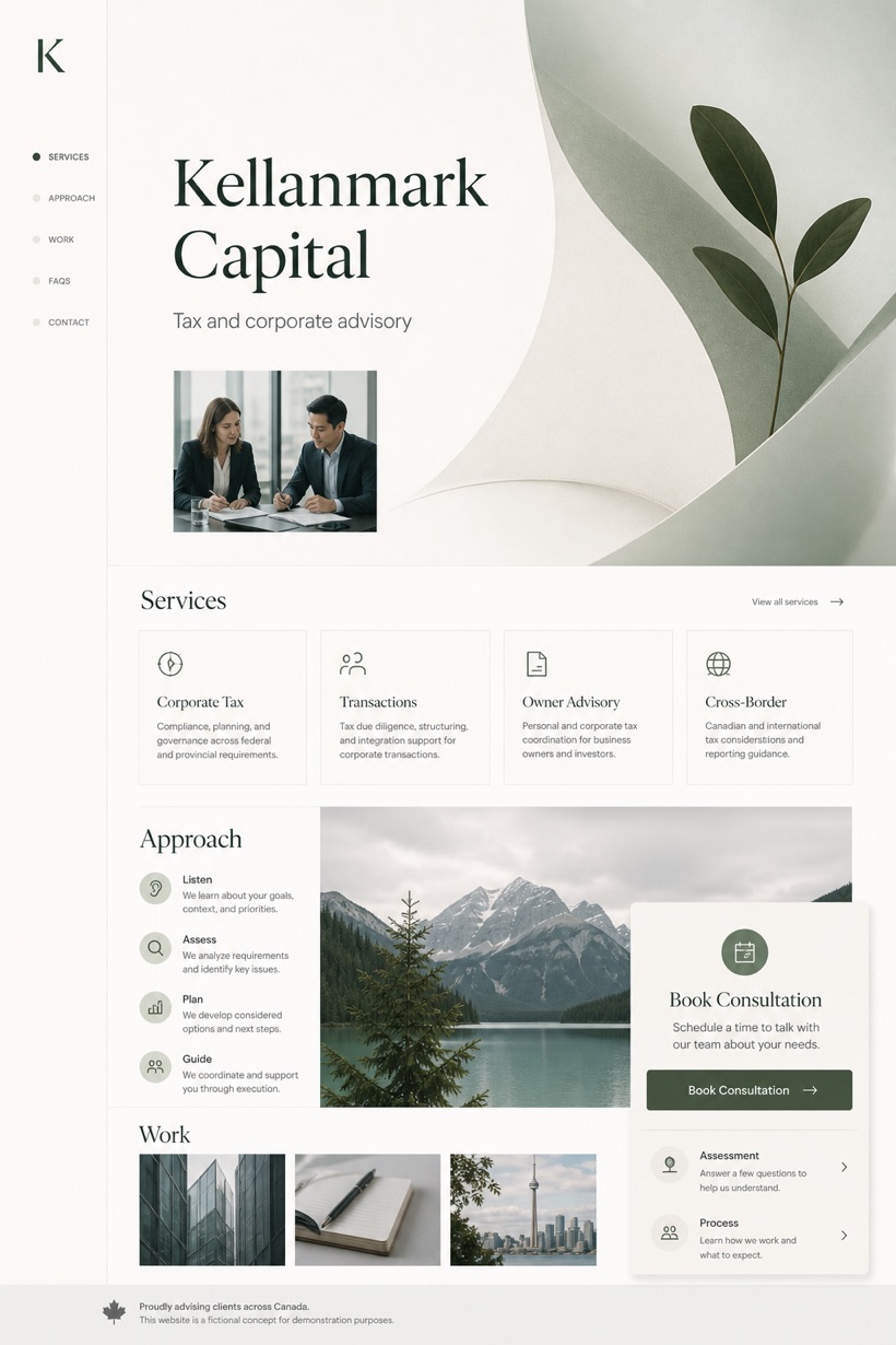 Finance website design for Canada, showing a clear opening, service information, supporting content, and a focused inquiry action.