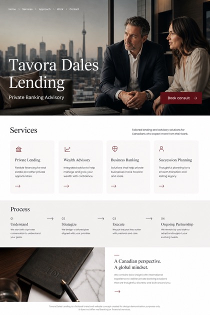 Finance website design for Canada, showing a clear opening, service information, supporting content, and a focused inquiry action.