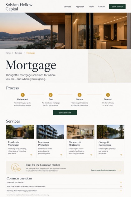 Finance website design for Canada, showing a clear opening, service information, supporting content, and a focused inquiry action.