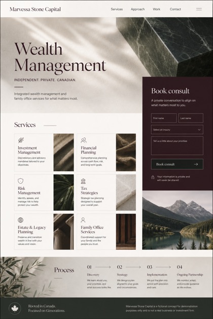 Finance website design for Canada, showing a clear opening, service information, supporting content, and a focused inquiry action.