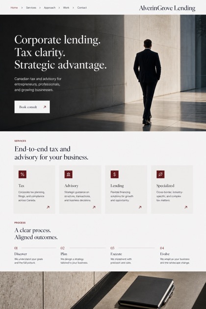 Finance website design for Canada, showing a clear opening, service information, supporting content, and a focused inquiry action.