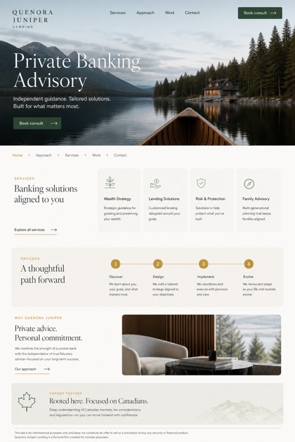 Finance website design for Canada, showing a clear opening, service information, supporting content, and a focused inquiry action.