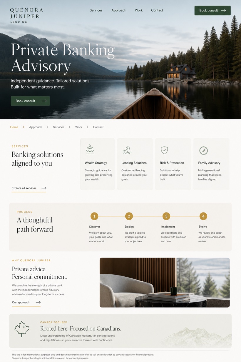 Finance website design for Canada, showing a clear opening, service information, supporting content, and a focused inquiry action.