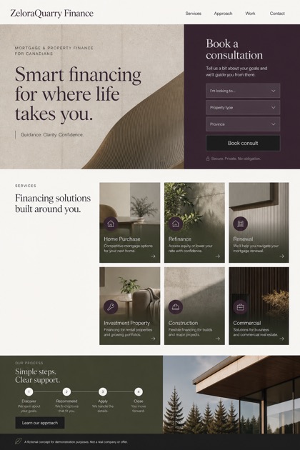 Finance website design for Canada, showing a clear opening, service information, supporting content, and a focused inquiry action.