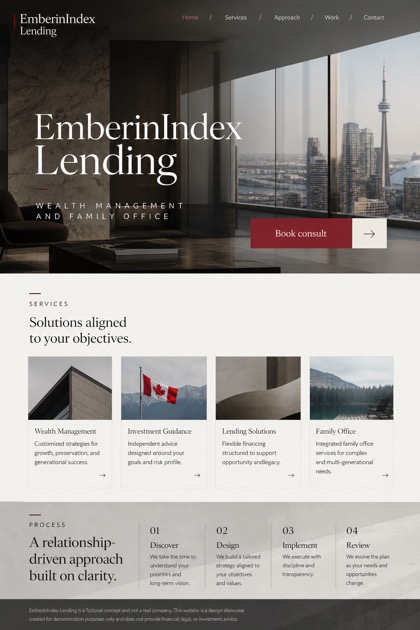 Finance website design for Canada, showing a clear opening, service information, supporting content, and a focused inquiry action.