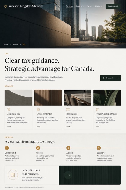 Finance website design for Canada, showing a clear opening, service information, supporting content, and a focused inquiry action.