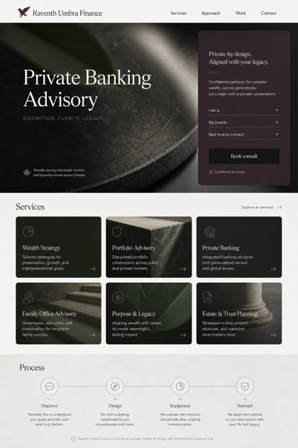 Finance website design for Canada, showing a clear opening, service information, supporting content, and a focused inquiry action.