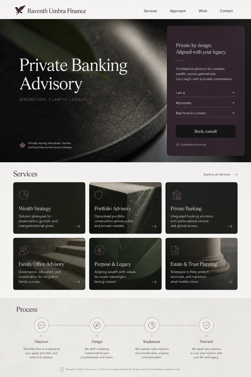 Finance website design for Canada, showing a clear opening, service information, supporting content, and a focused inquiry action.