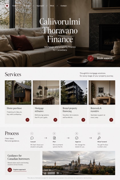 Finance website design for Canada, showing a clear opening, service information, supporting content, and a focused inquiry action.