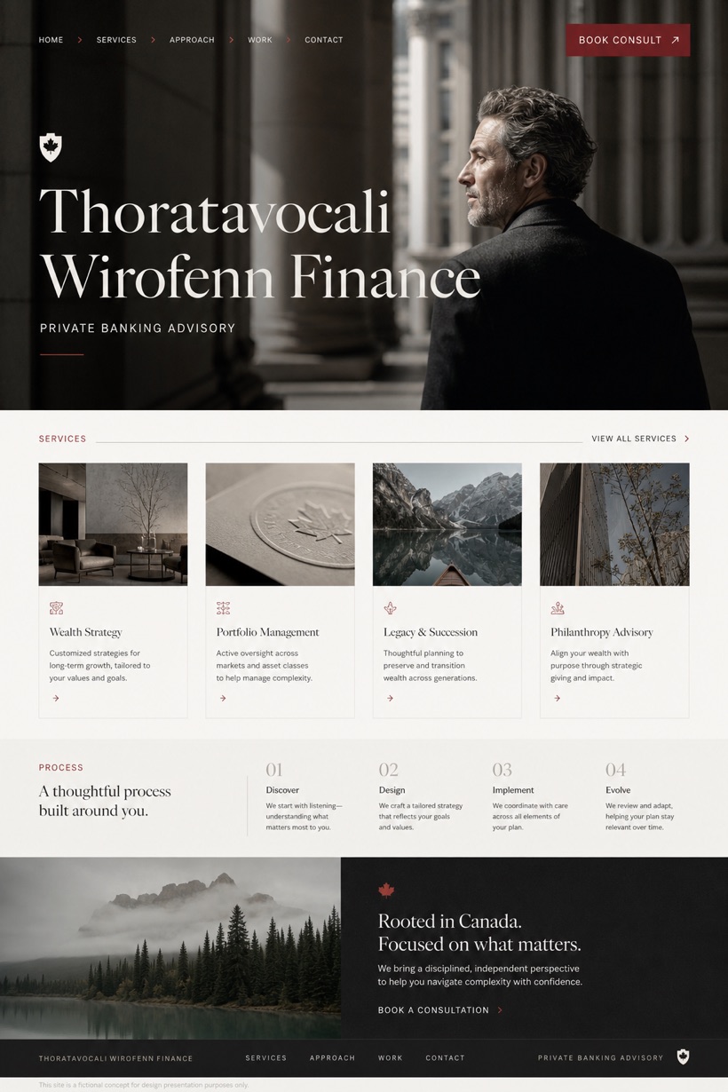 Finance website design for Canada, showing a clear opening, service information, supporting content, and a focused inquiry action.
