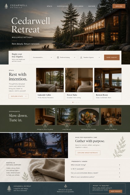 Fictional Cedarwell Retreat website concept with full-bleed lakefront masthead, inquiry fields, stay cards, retreat experiences, FAQ, and send-inquiry CTA