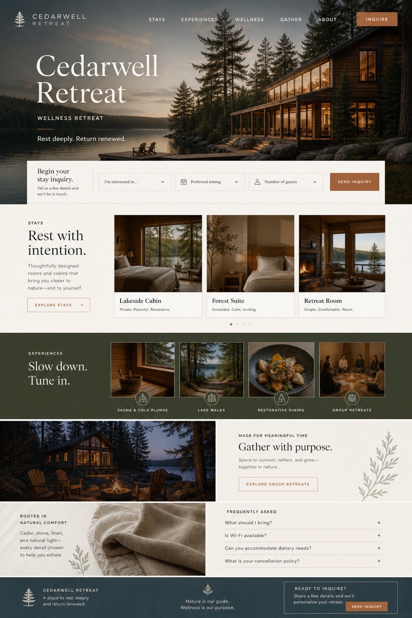 Fictional Cedarwell Retreat website concept with full-bleed lakefront masthead, inquiry fields, stay cards, retreat experiences, FAQ, and send-inquiry CTA
