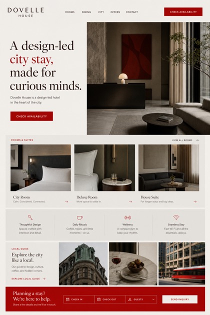 Hospitality website design for Canada, showing a clear opening, service information, supporting content, and a focused inquiry action.