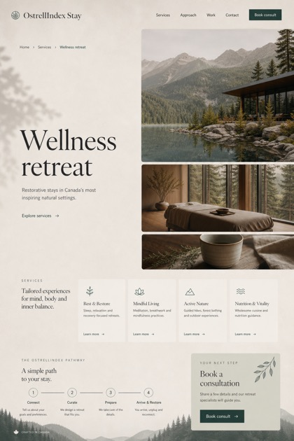 Hospitality website design for Canada, showing a clear opening, service information, supporting content, and a focused inquiry action.