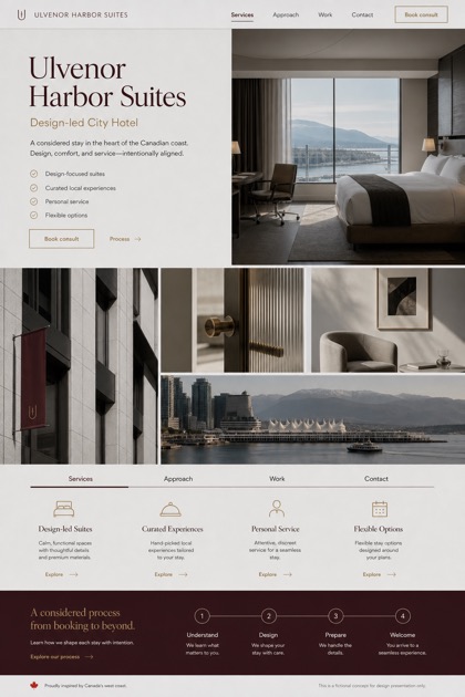 Hospitality website design for Canada, showing a clear opening, service information, supporting content, and a focused inquiry action.