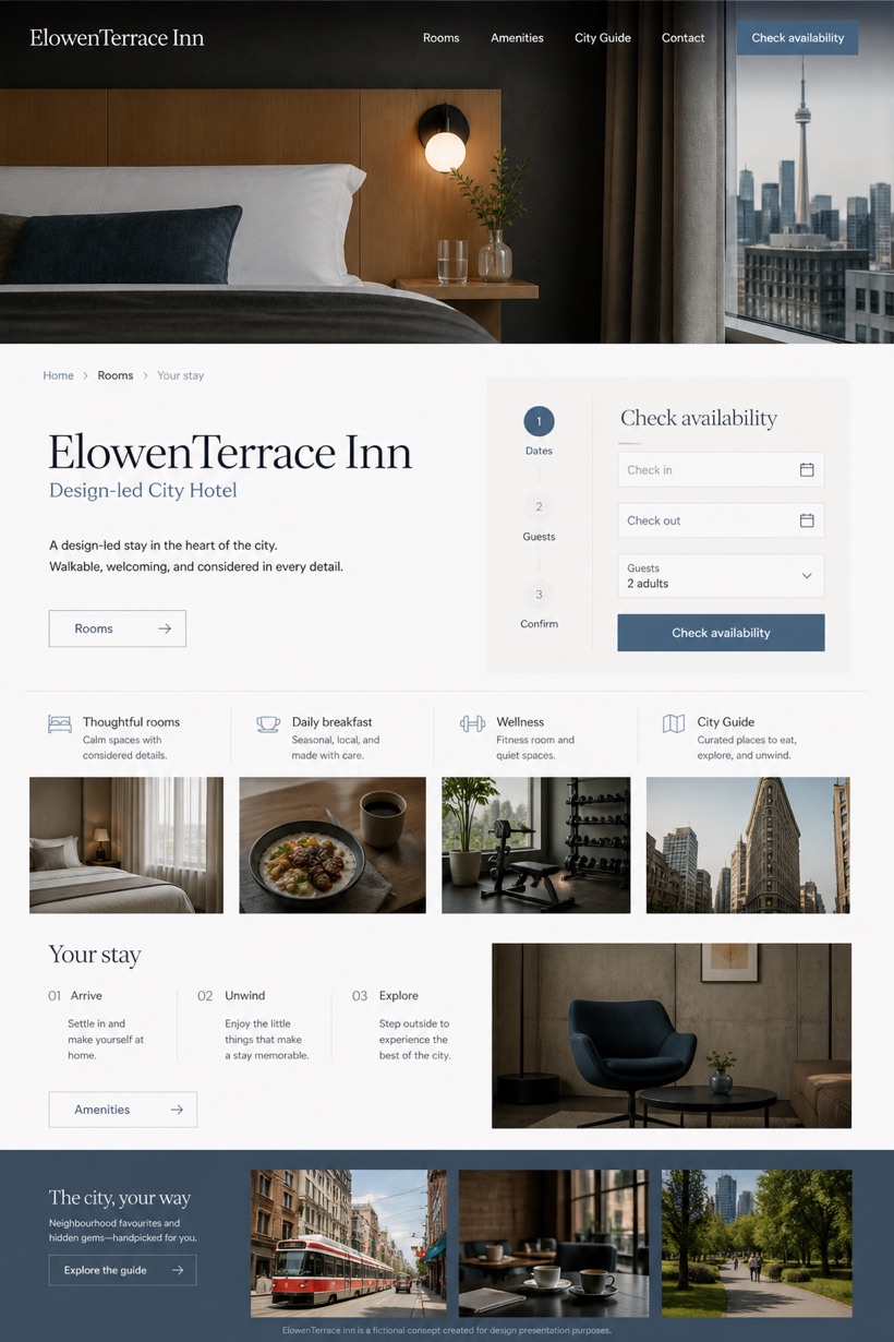 Hospitality website design for Canada, showing a clear opening, service information, supporting content, and a focused inquiry action.