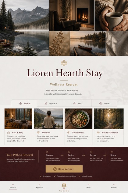 Hospitality website design for Canada, showing a clear opening, service information, supporting content, and a focused inquiry action.
