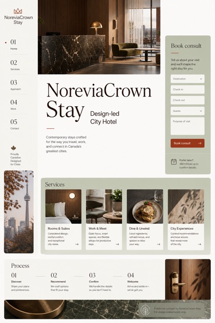 Hospitality website design for Canada, showing a clear opening, service information, supporting content, and a focused inquiry action.