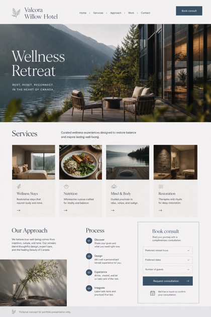 Hospitality website design for Canada, showing a clear opening, service information, supporting content, and a focused inquiry action.