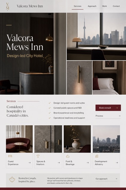 Hospitality website design for Canada, showing a clear opening, service information, supporting content, and a focused inquiry action.