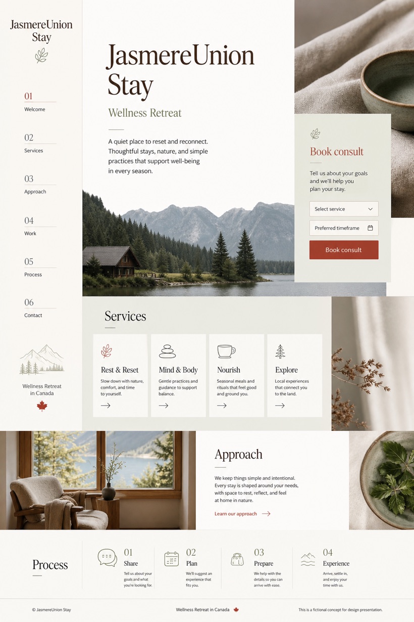 Hospitality website design for Canada, showing a clear opening, service information, supporting content, and a focused inquiry action.