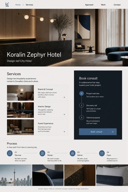 Hospitality website design for Canada, showing a clear opening, service information, supporting content, and a focused inquiry action.
