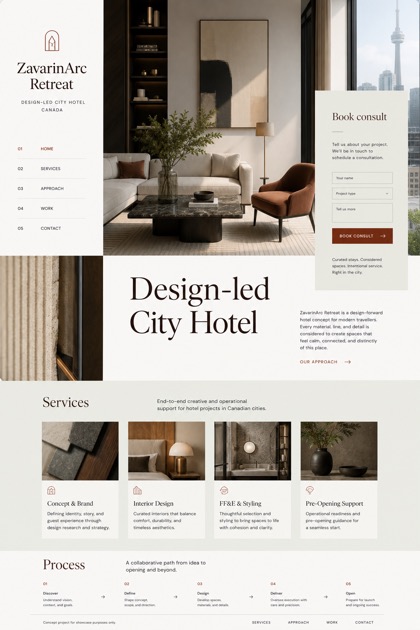 Hospitality website design for Canada, showing a clear opening, service information, supporting content, and a focused inquiry action.