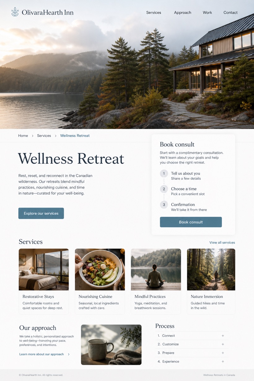 Hospitality website design for Canada, showing a clear opening, service information, supporting content, and a focused inquiry action.