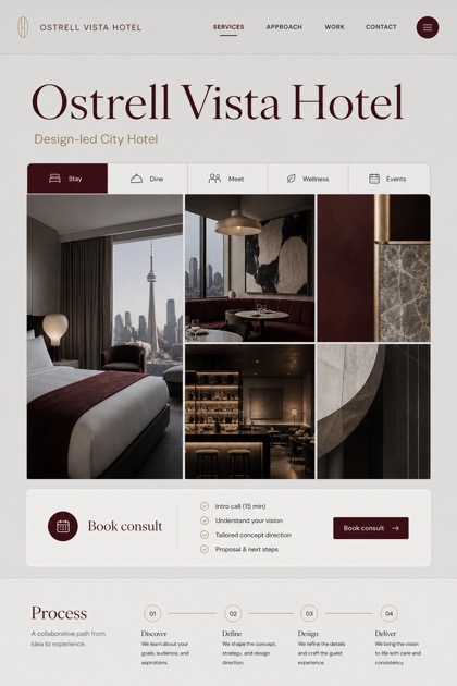 Hospitality website design for Canada, showing a clear opening, service information, supporting content, and a focused inquiry action.