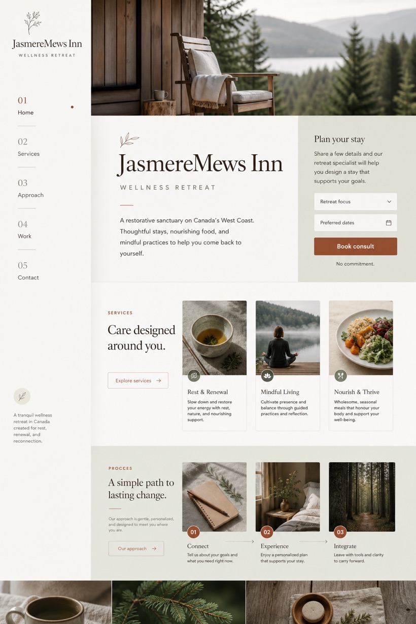 Hospitality website design for Canada, showing a clear opening, service information, supporting content, and a focused inquiry action.