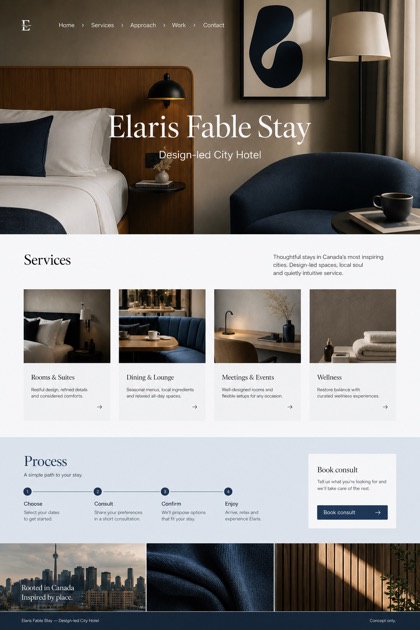 Hospitality website design for Canada, showing a clear opening, service information, supporting content, and a focused inquiry action.