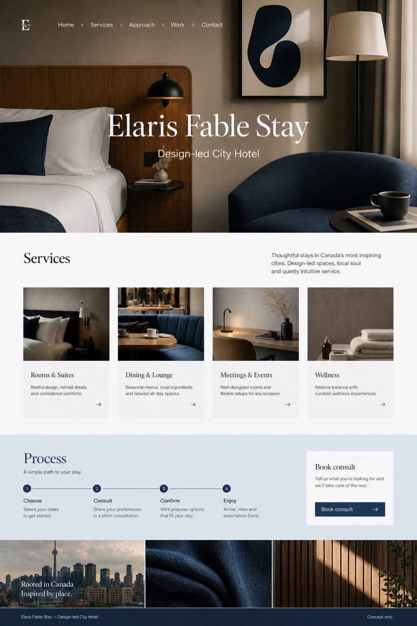 Hospitality website design for Canada, showing a clear opening, service information, supporting content, and a focused inquiry action.