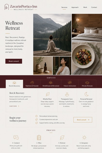 Hospitality website design for Canada, showing a clear opening, service information, supporting content, and a focused inquiry action.