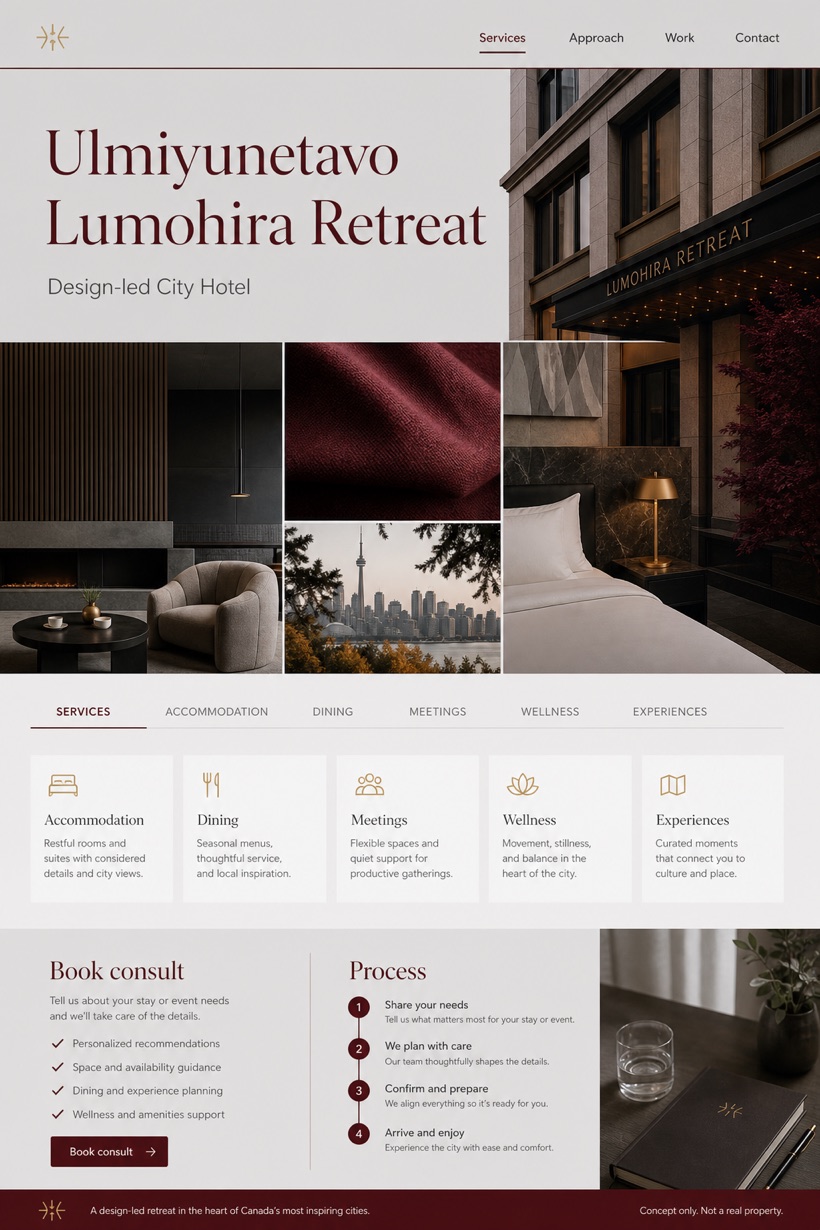 Hospitality website design for Canada, showing a clear opening, service information, supporting content, and a focused inquiry action.