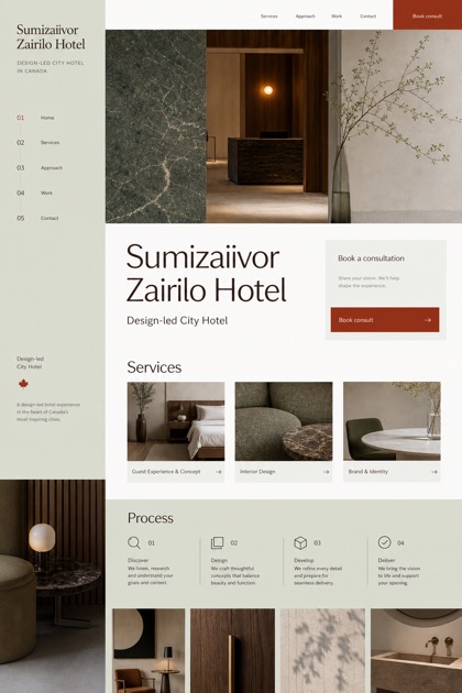 Hospitality website design for Canada, showing a clear opening, service information, supporting content, and a focused inquiry action.
