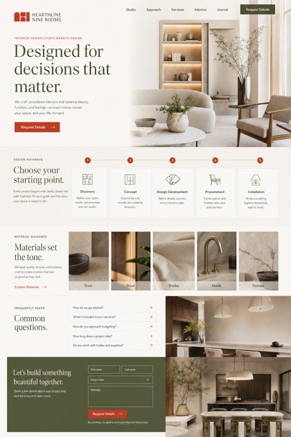 Fictional Hearthline Nine Rooms Luxury interior design studio website design showcase in a 2:3 layout with service sections, FAQ, and inquiry action
