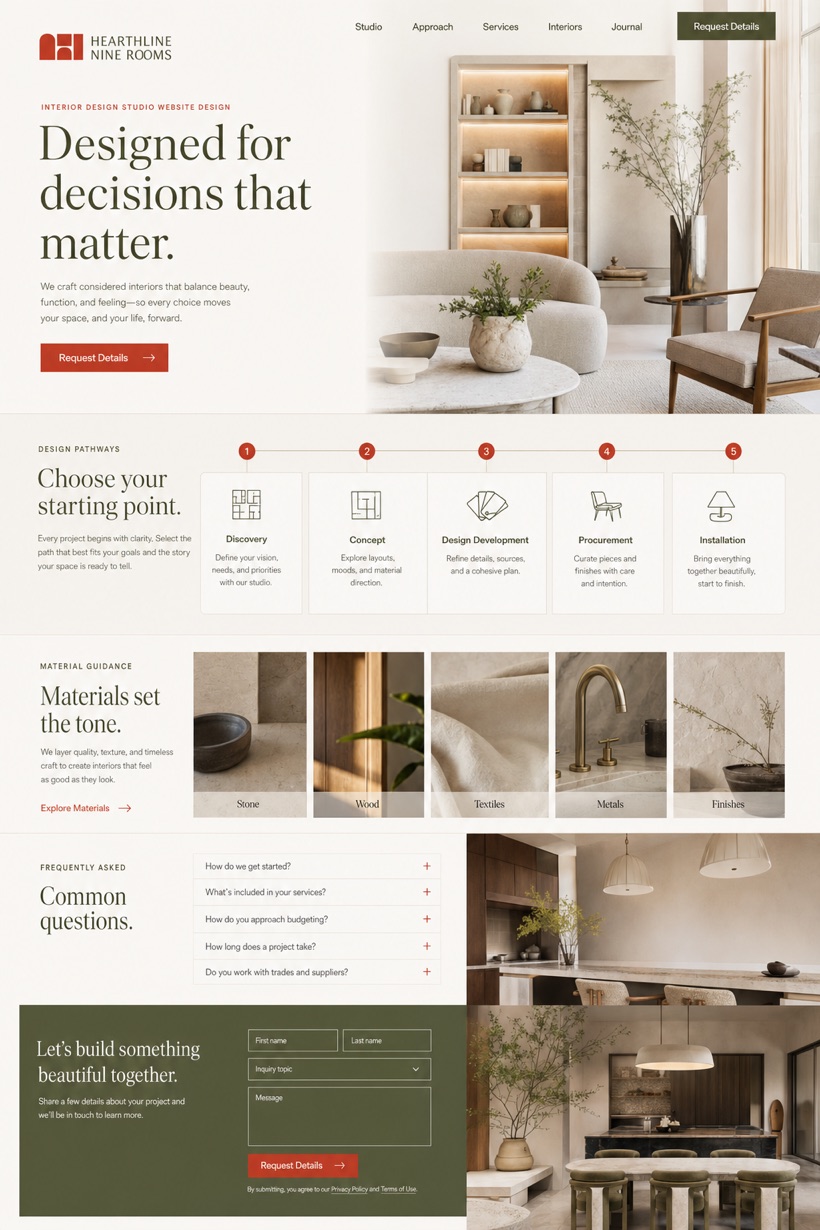Fictional Hearthline Nine Rooms Luxury interior design studio website design showcase in a 2:3 layout with service sections, FAQ, and inquiry action