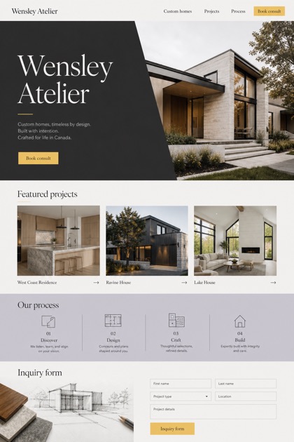 Architecture & Interiors website design for Canada, showing a clear opening, service information, supporting content, and a focused inquiry action.
