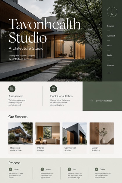 Architecture & Interiors website design for Canada, showing a clear opening, service information, supporting content, and a focused inquiry action.