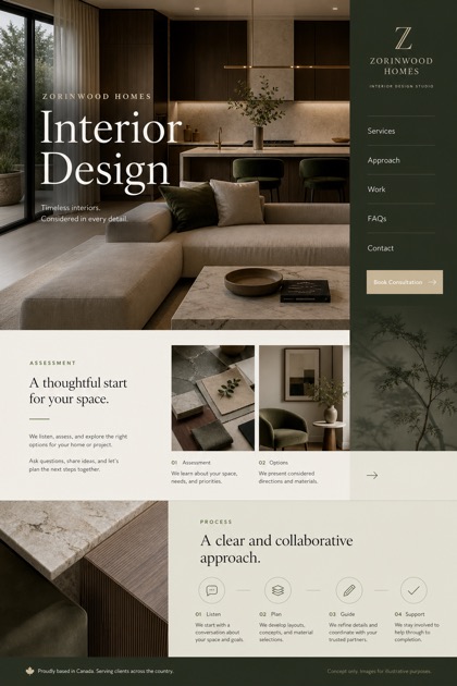 Architecture & Interiors website design for Canada, showing a clear opening, service information, supporting content, and a focused inquiry action.