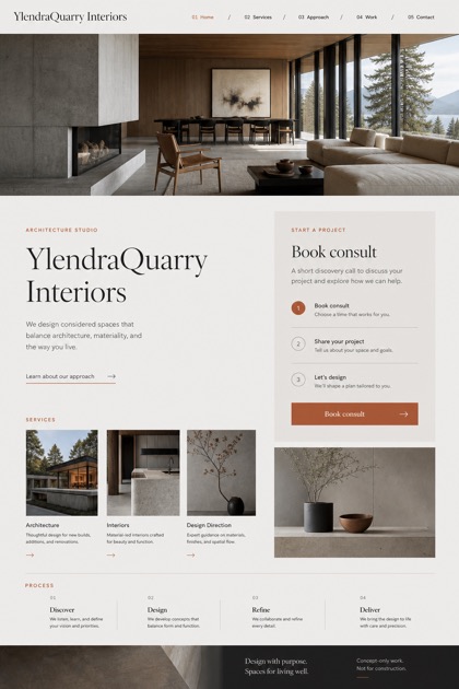 Architecture & Interiors website design for Canada, showing a clear opening, service information, supporting content, and a focused inquiry action.