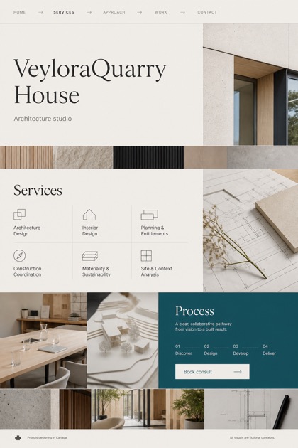 Architecture & Interiors website design for Canada, showing a clear opening, service information, supporting content, and a focused inquiry action.